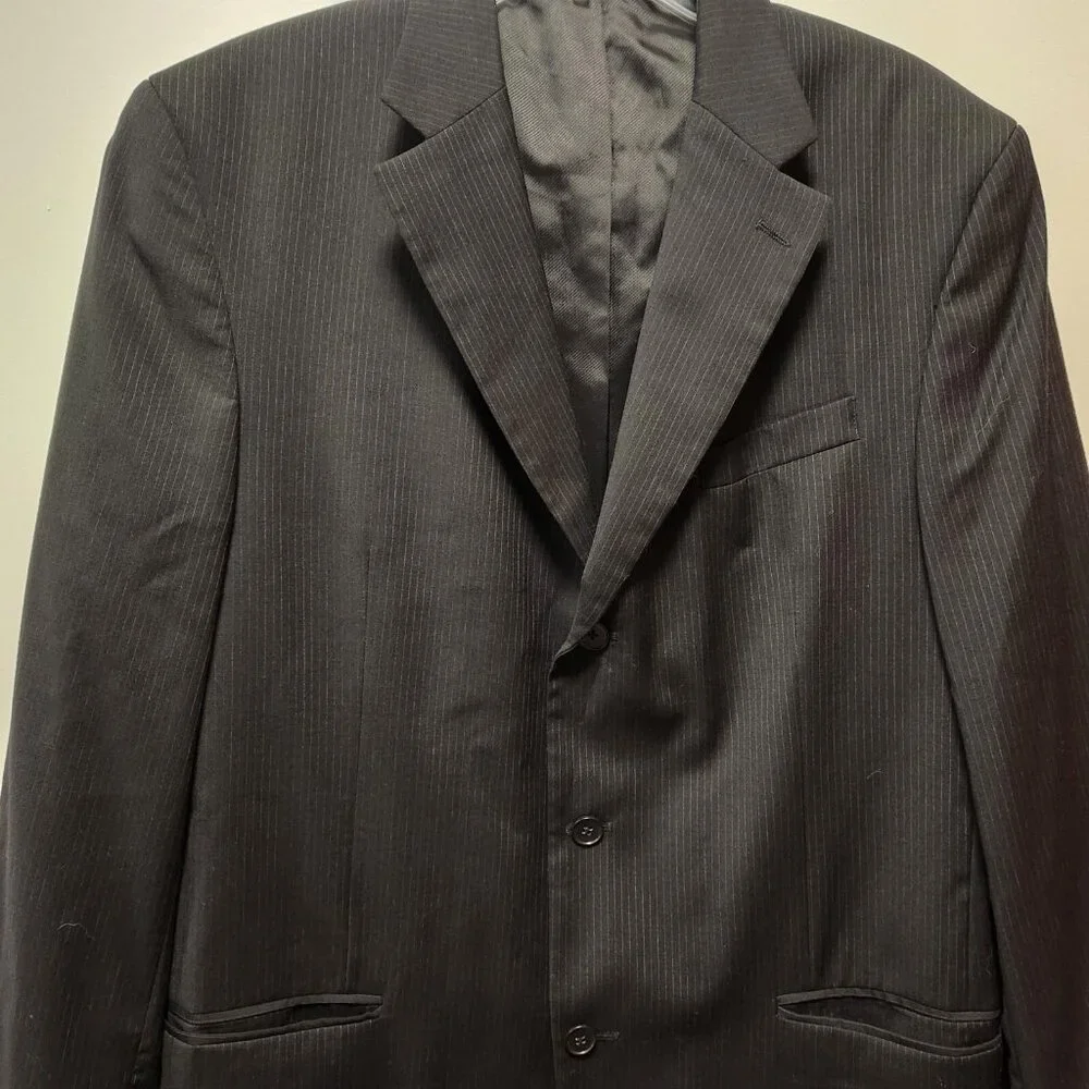 Alfani Blazer Suit Jacket 100%‎ Wool Black Pin Stripe Mens 42 Long 3 Button EUC